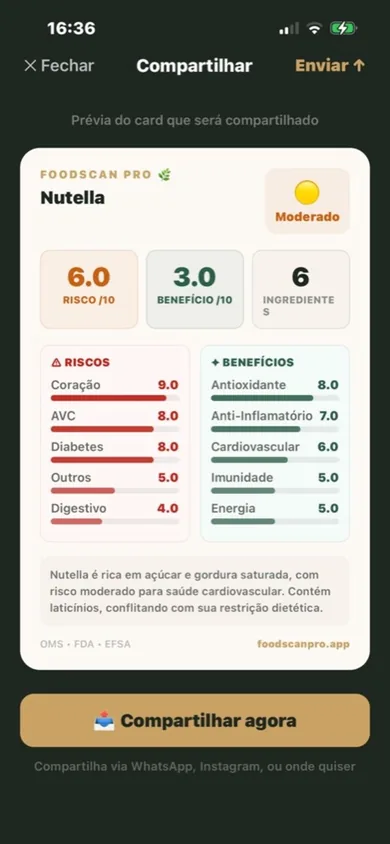 The FoodScan Pro app scoring a food: a risk score, a benefit score, the number of ingredients, and lists of risks and benefits.