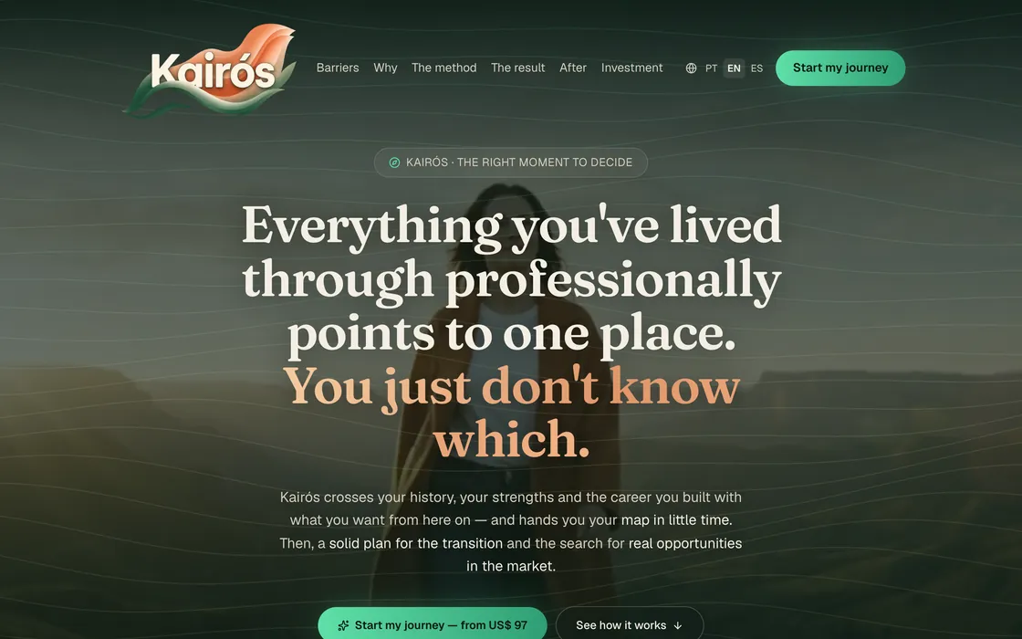 The Kairós site once its opening video ends: the headline over a landscape photograph, a short description and the button to start the journey.