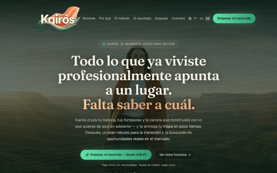 El sitio de Kairós al terminar su video de apertura: el título sobre una fotografía de paisaje, una breve descripción y el botón para empezar el recorrido.