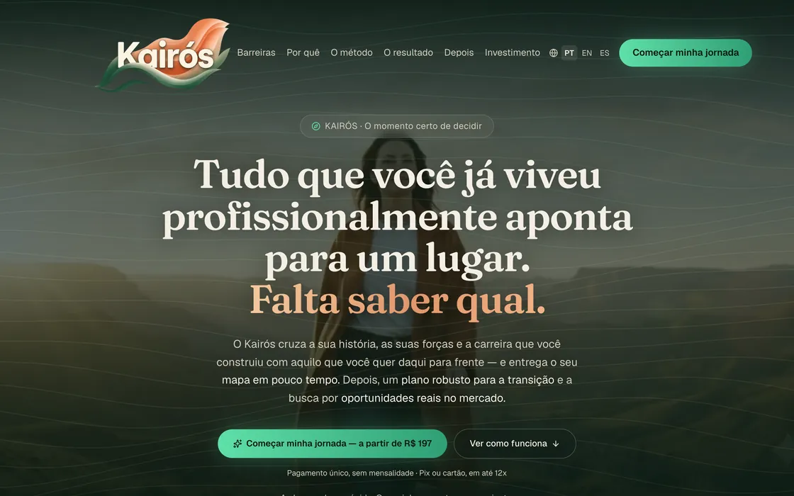 O site do Kairós ao fim do vídeo de abertura: o título sobre uma fotografia de paisagem, uma breve descrição e o botão para começar a jornada.